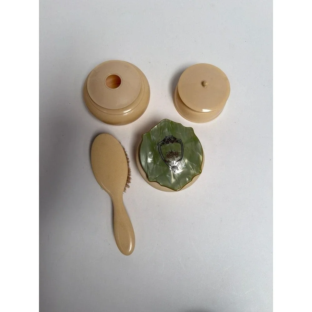 Vintage Art Deco Celluloid Vanity Set with Hair Receiver, Powder Jar, Trinket Bo